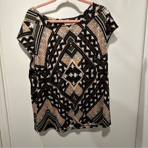 Black, Tan and Green Graphic Blouse with Crew Neck and Flutter Sleeves